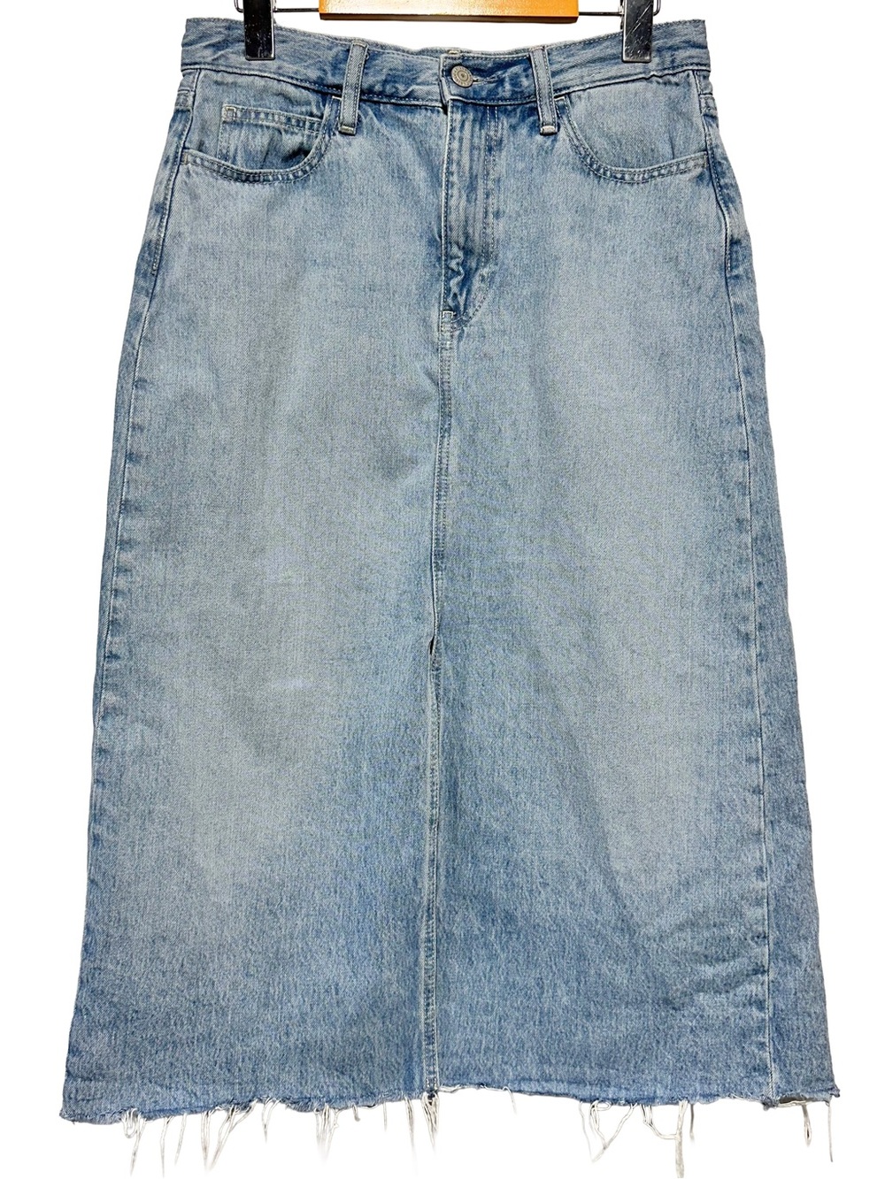Y2K 90s Streetwear Western Denim Midi Skirt Light Wash Raw Hem Boho 26